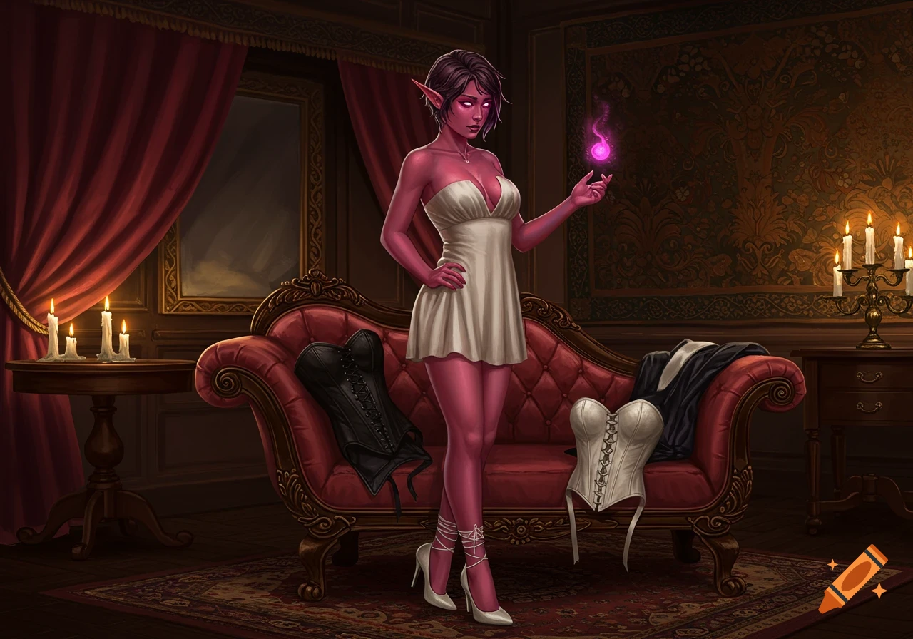 Red-skinned elf in white mini dress with magical glow, in a lavish room with red chaise lounge and corsets. Digital painting.