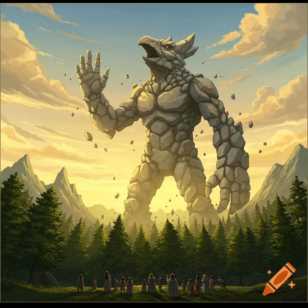 A towering rock giant with a gryphon head waves to a crowd of people in a forest with mountains at sunset, stylized illustration.