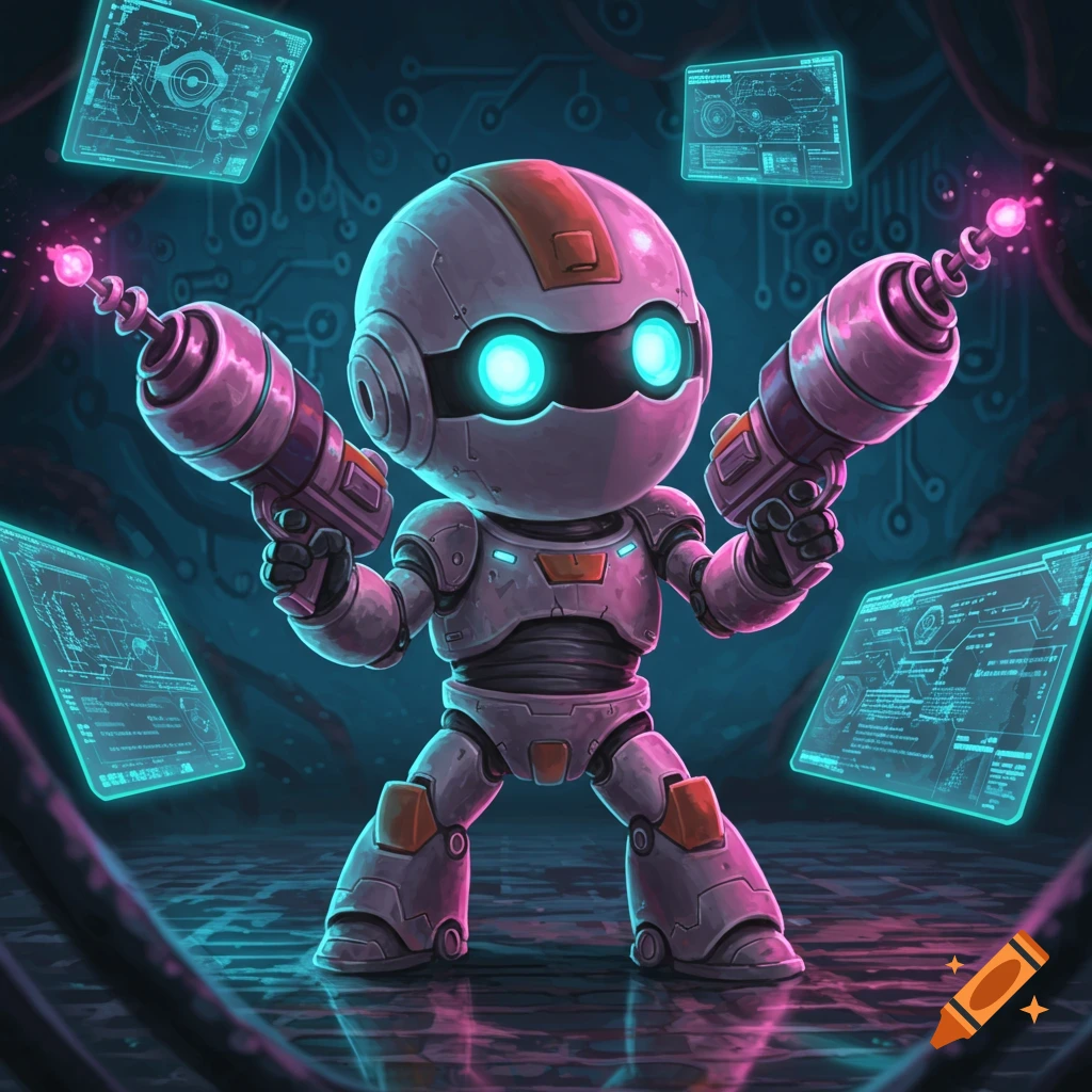 A cute chibi robot with glowing eyes holds two ray guns in a dark, neon-lit sci-fi environment with holographic screens.