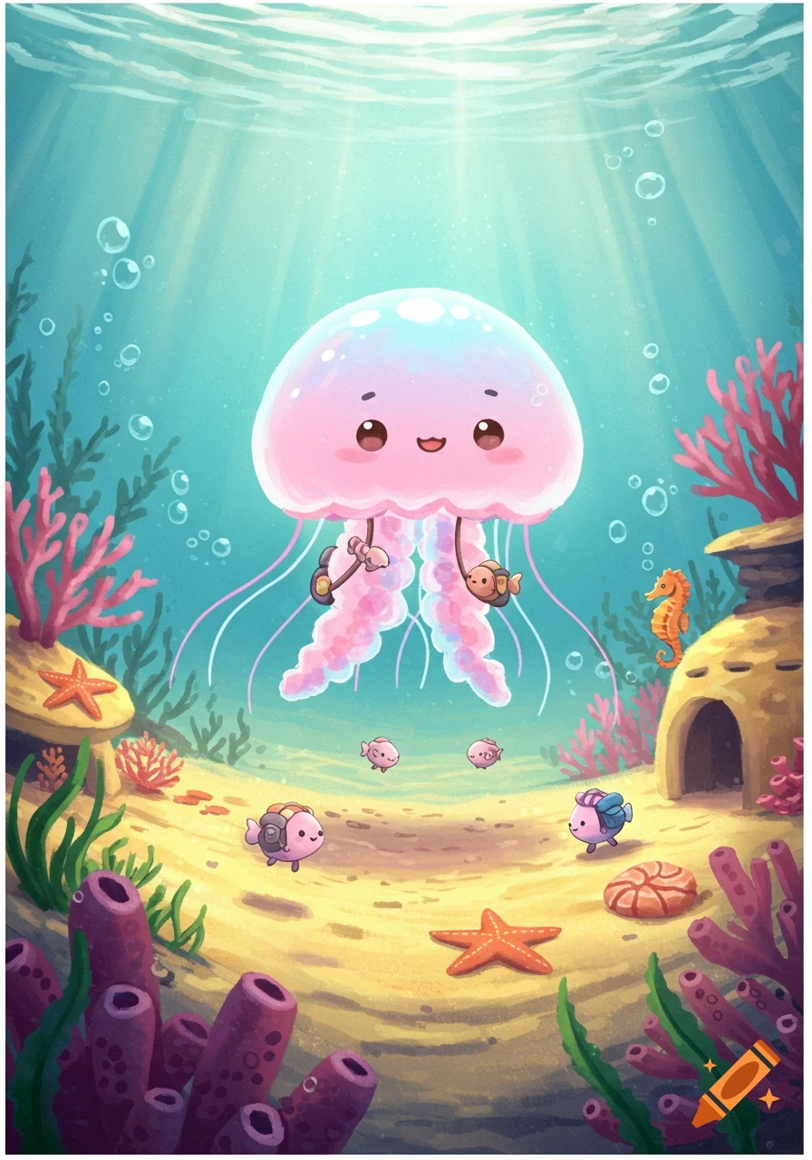 A cute, happy pink jellyfish with a smiling face swims in a vibrant cartoon underwater scene with fish, coral, and starfish.