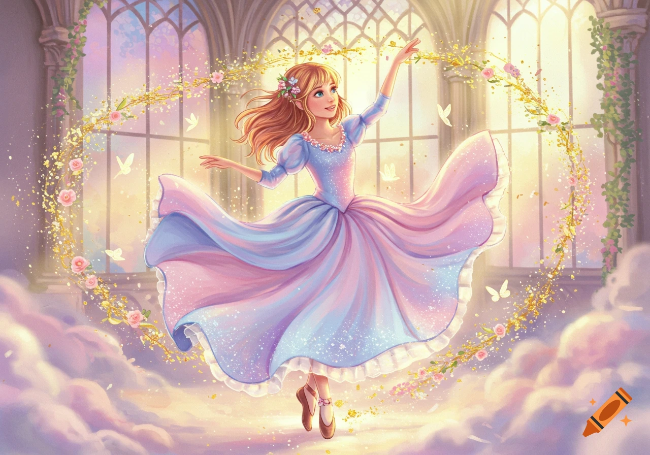 A whimsical ballet dancer in a flowing pink and blue dress, surrounded by glowing golden vines, flowers, and white butterflies, with arched windows in the background.
