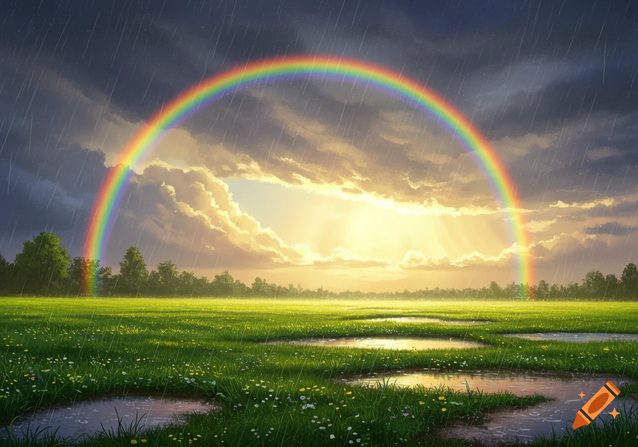 A vibrant rainbow arcs over a lush green field with puddles, under a sky with both dark rain clouds and bright sunlight.