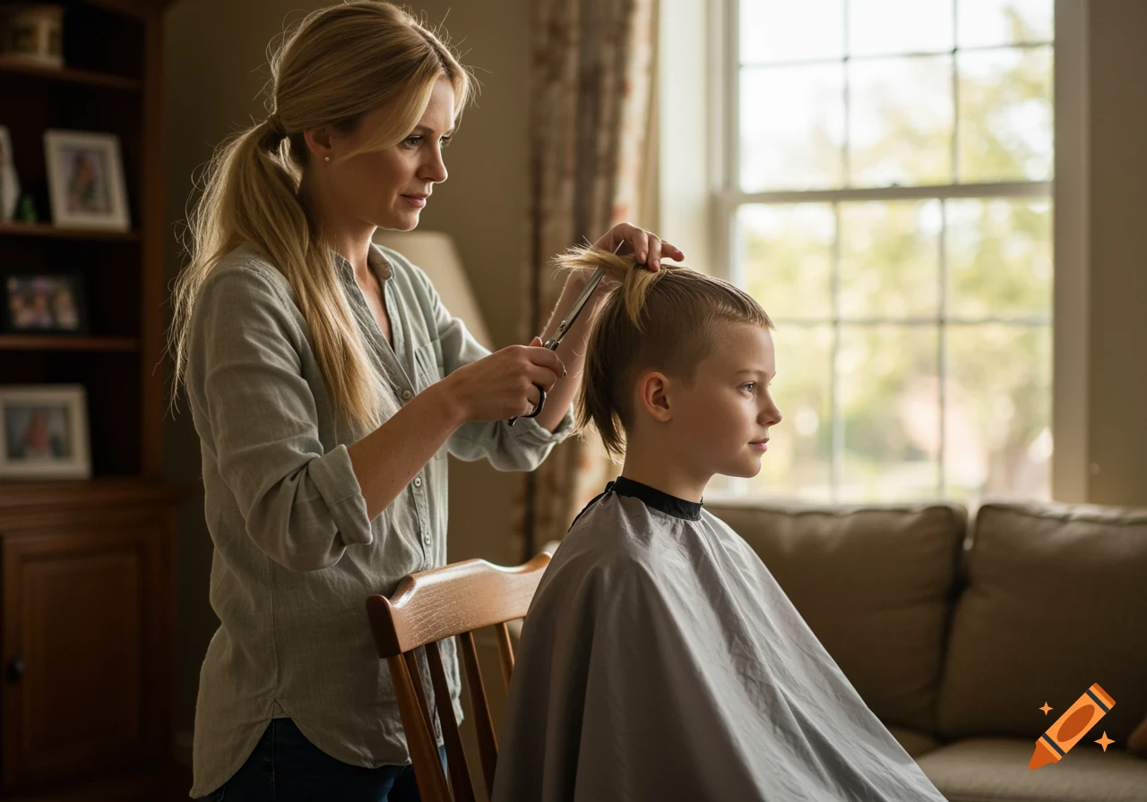 A woman with blonde hair in a ponytail cuts a child's hair, who is wearing a grey barber cape, indoors by a window.