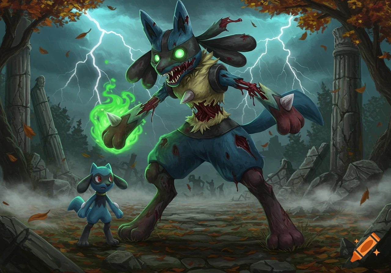 A zombie Lucario with glowing green eyes and exposed ribs looms over a scared Riolu in a stormy, stylized fantasy landscape.