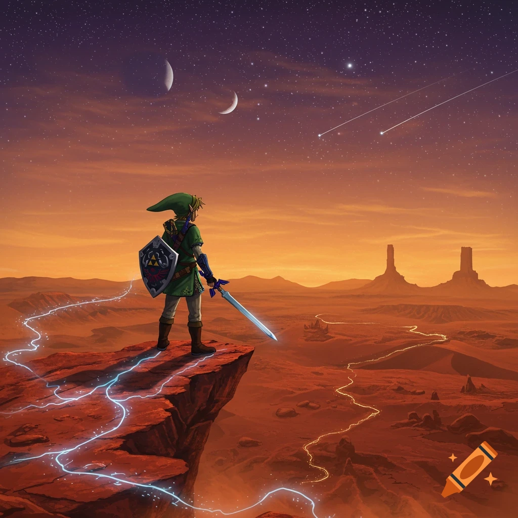 Link from Zelda stands on a cliff overlooking a red desert planet with two moons and shooting stars in the night sky.