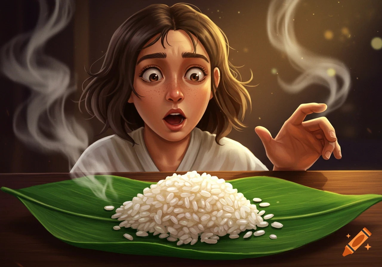 Illustrated young girl with wide eyes and open mouth looks surprised at a steaming mound of white rice on a green leaf.
