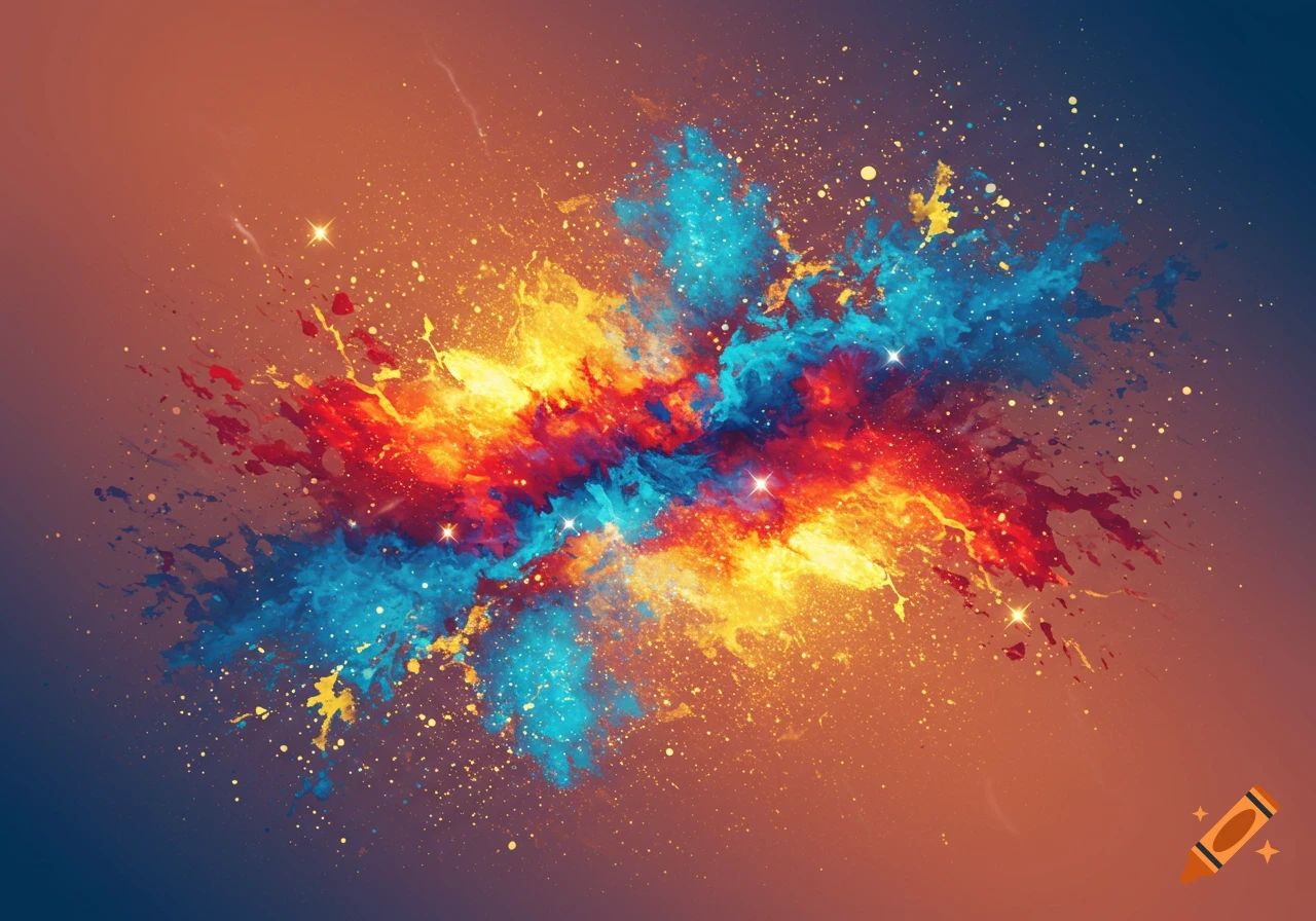 Vibrant abstract explosion of red, blue, and yellow paint splatters with golden glitter against an orange and blue gradient background.