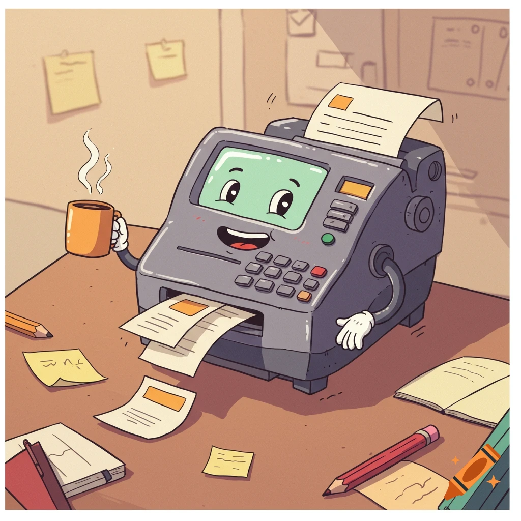 A cheerful cartoon fax machine with a happy face holds a steaming coffee mug while printing papers on an office desk.