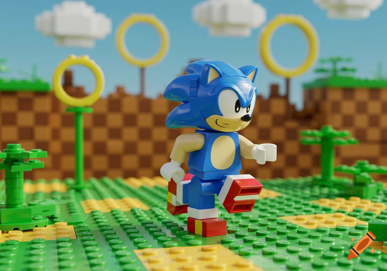 A Lego Sonic the Hedgehog figure runs on a green Lego landscape with yellow studs, yellow rings, brown hills, and white clouds.