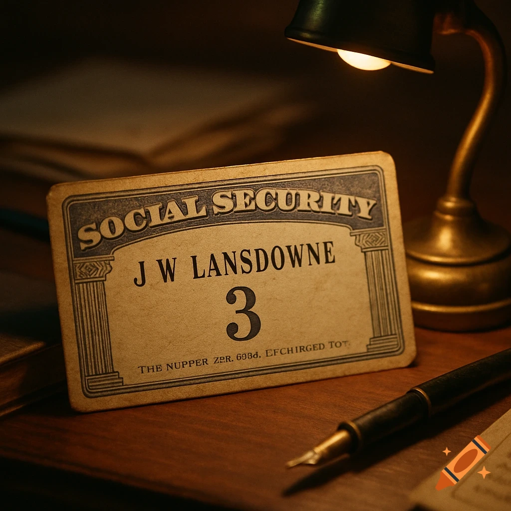 A vintage-style dummy Social Security card for J.W. Lansdowne with the number 3, resting on a wooden desk under a desk lamp, next to a fountain pen.