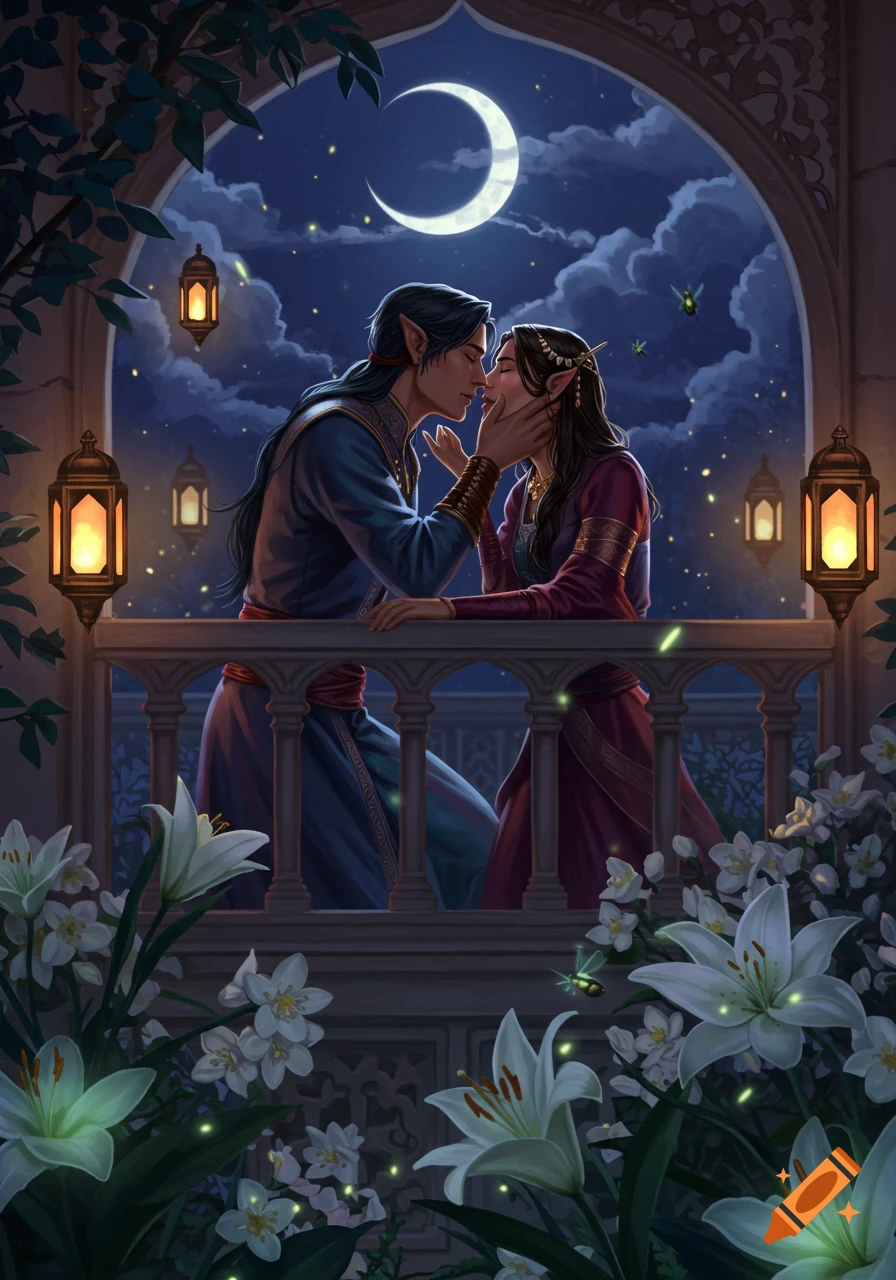 Two elves, a man and a woman, lean in for a kiss on a moonlit balcony adorned with lanterns and white lilies, digital art.