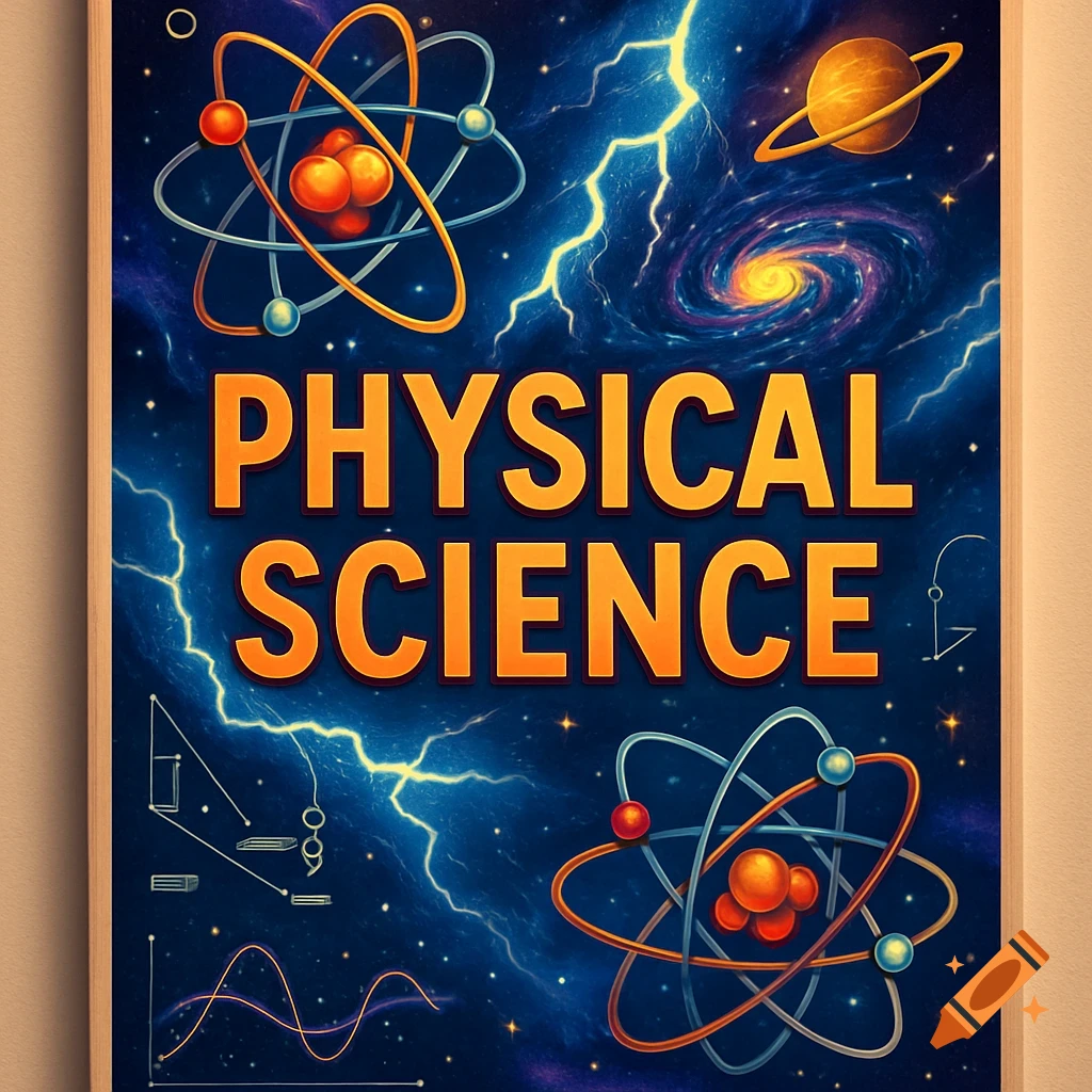 A vibrant blue poster with orange text 'PHYSICAL SCIENCE' surrounded by illustrations of atoms, a planet, a galaxy, lightning, and scientific diagrams.