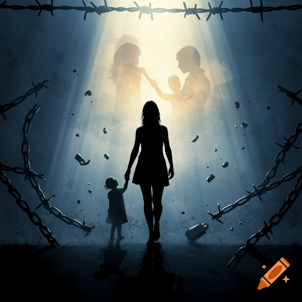 Dramatic silhouette of a woman and child walking towards light, framed by barbed wire. Faint family figures in the background.