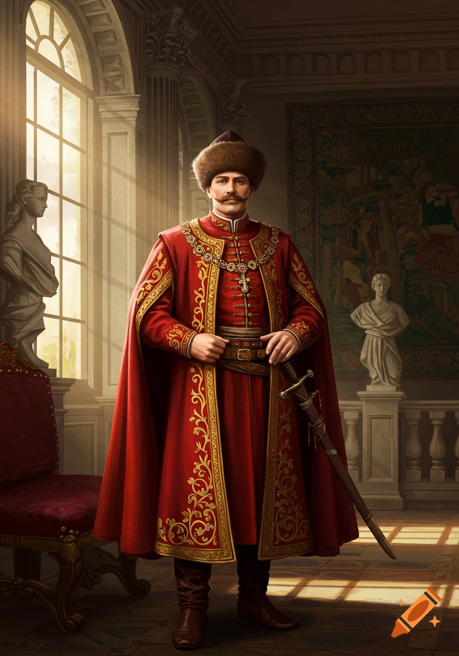 A distinguished nobleman in a red and gold embroidered coat and fur hat stands in a grand, sunlit room, holding a sword.
