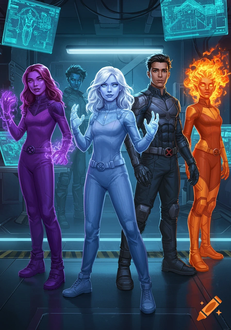 A team of five diverse young superheroes with glowing powers, wearing colored uniforms, standing in a futuristic lab.
