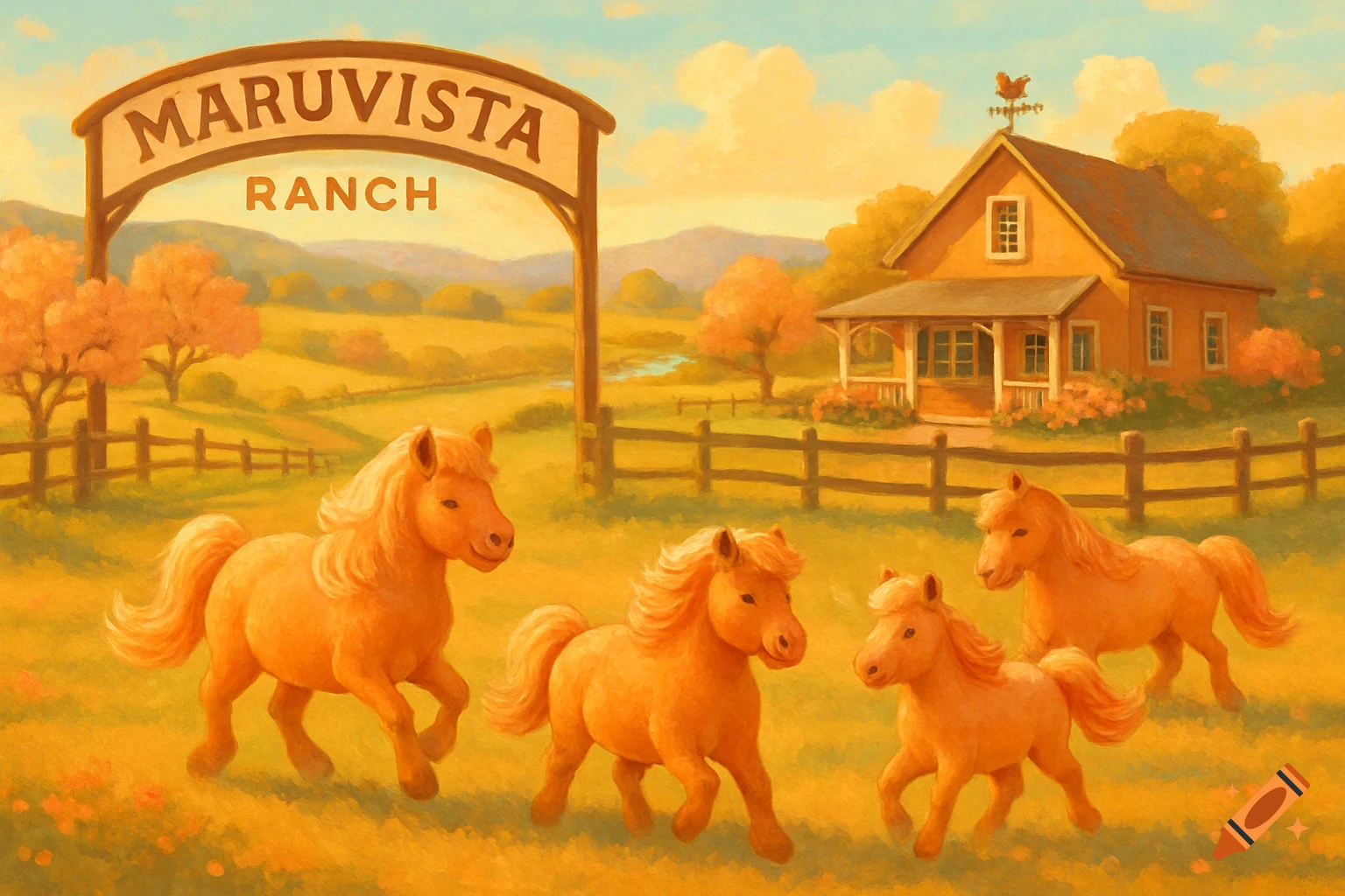 Painting of four cartoonish orange ponies running in a golden field with a ranch house and a sign that reads 'MARUVISTA RANCH' in the background.
