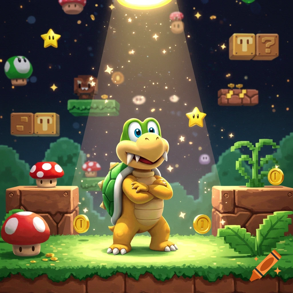 A cheerful, cartoon Koopa-like character stands in a spotlight on a grassy platform surrounded by Super Mario Bros. elements.