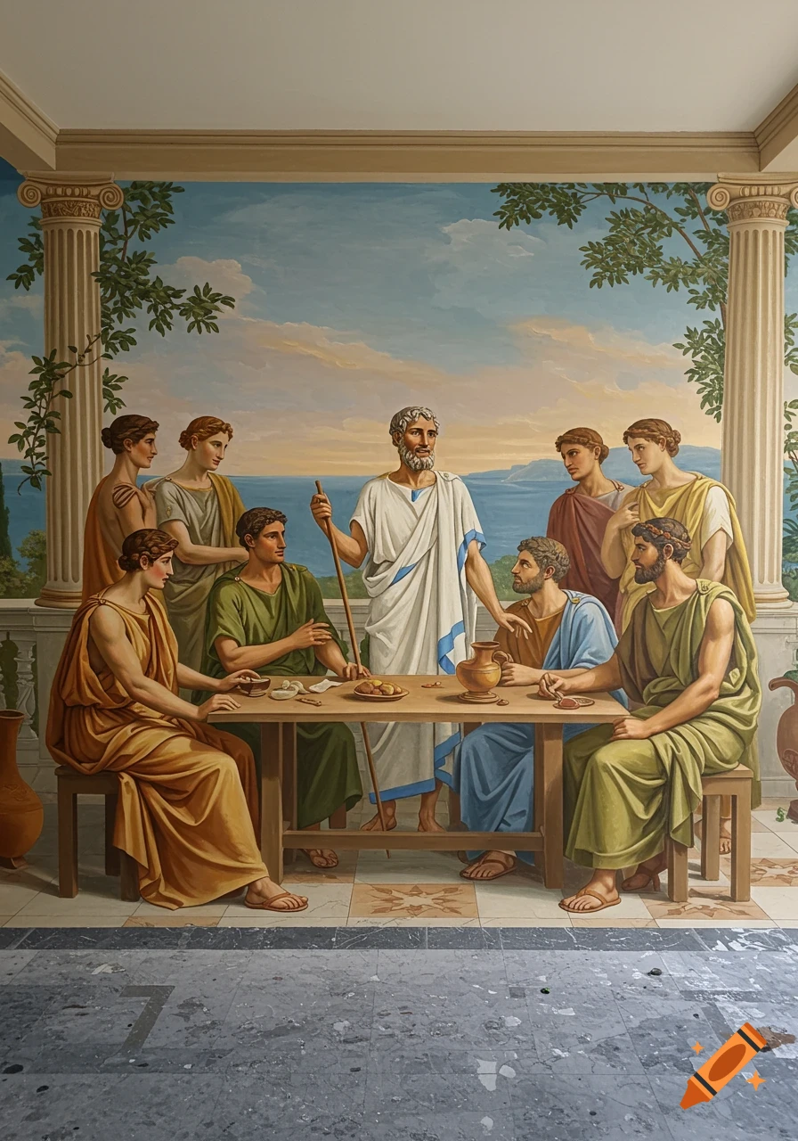 A Hellenistic-style mural painting depicts Epicurus standing among six seated disciples at a wooden table on an open terrace with a sea view.