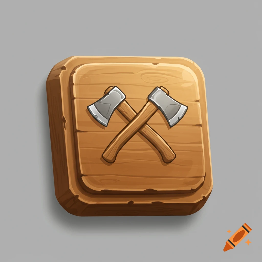 A wooden video game UI button with two crossed axes, representing lumber.