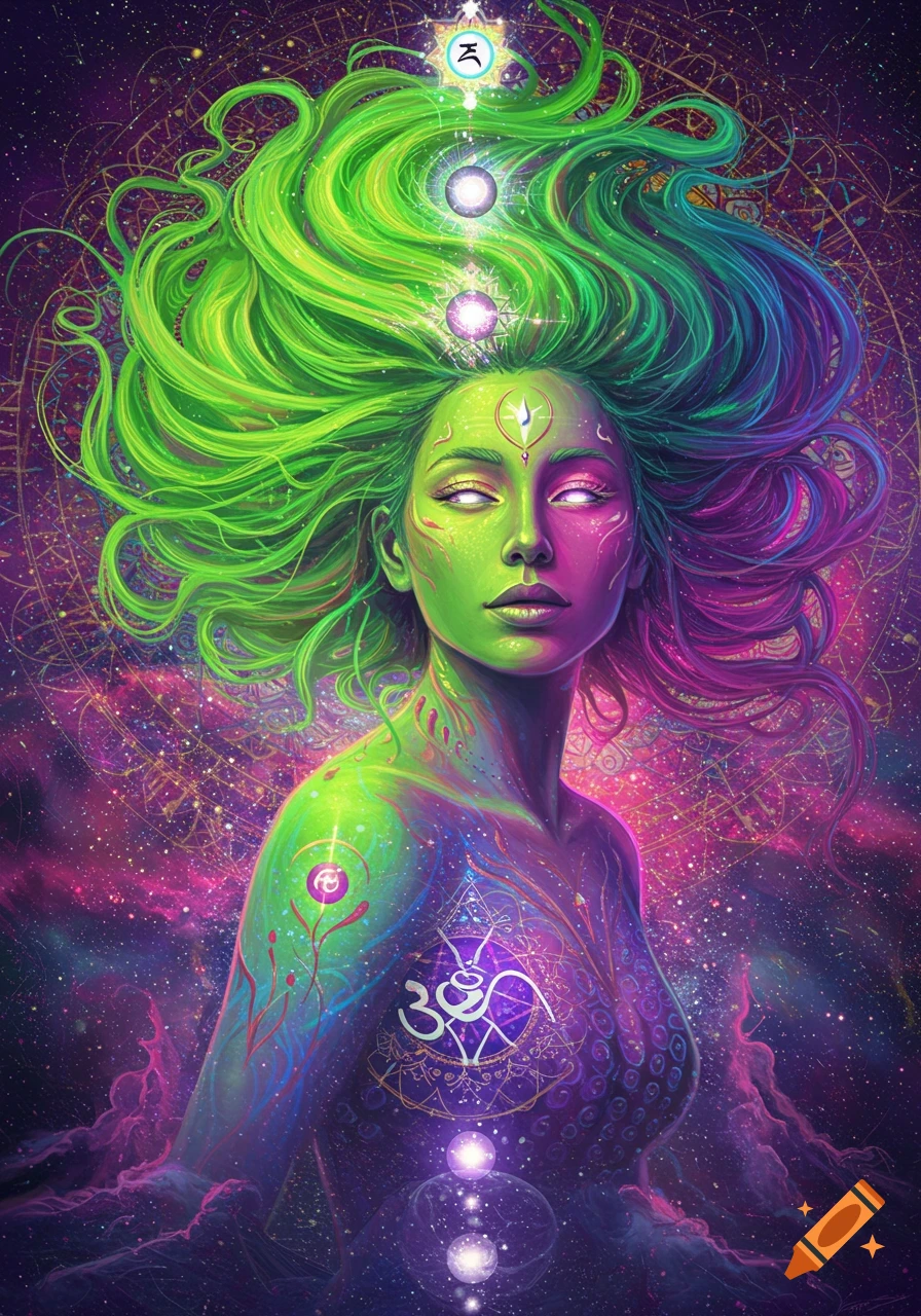 Psychedelic portrait of a woman with bright green and purple hair, glowing eyes, and cosmic patterns on her skin and background, featuring spiritual symbols.