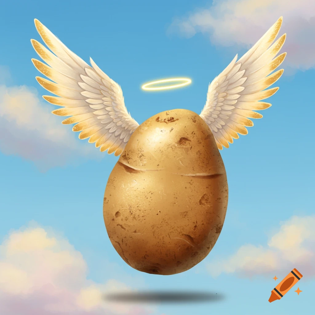 A brown potato with golden angelic wings and a glowing halo floats in a blue sky with soft white clouds.