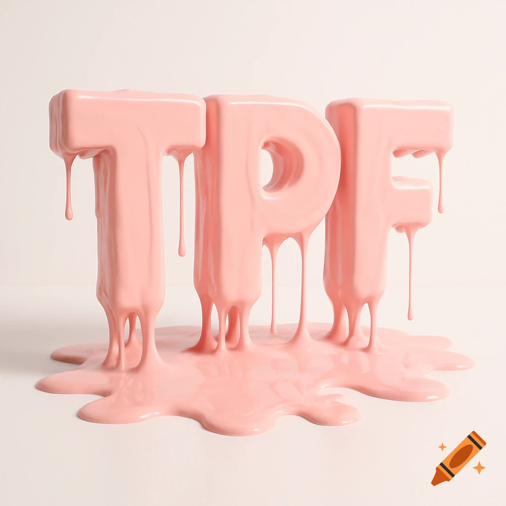The letters TPF are rendered in a glossy pink, dripping down and pooling on a light surface.