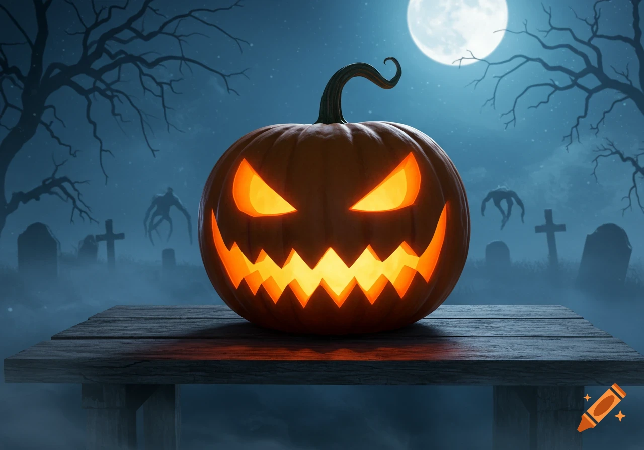 A glowing jack-o'-lantern sits on a wooden table in a foggy graveyard under a full moon, with spooky figures and bare trees.