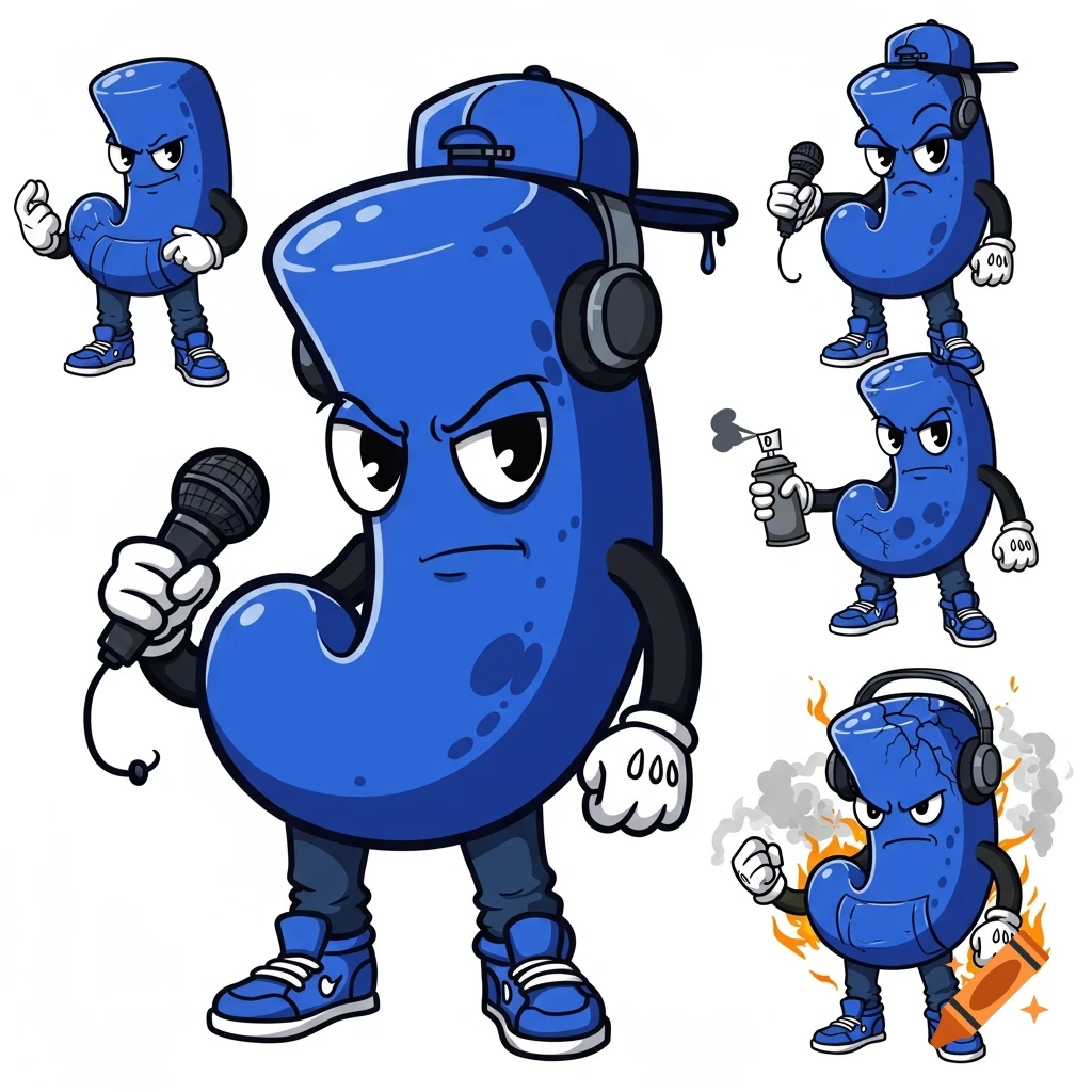 Blue letter J mascot character in cartoon style, with a cap, headphones, holding a microphone and spray can, in various poses.