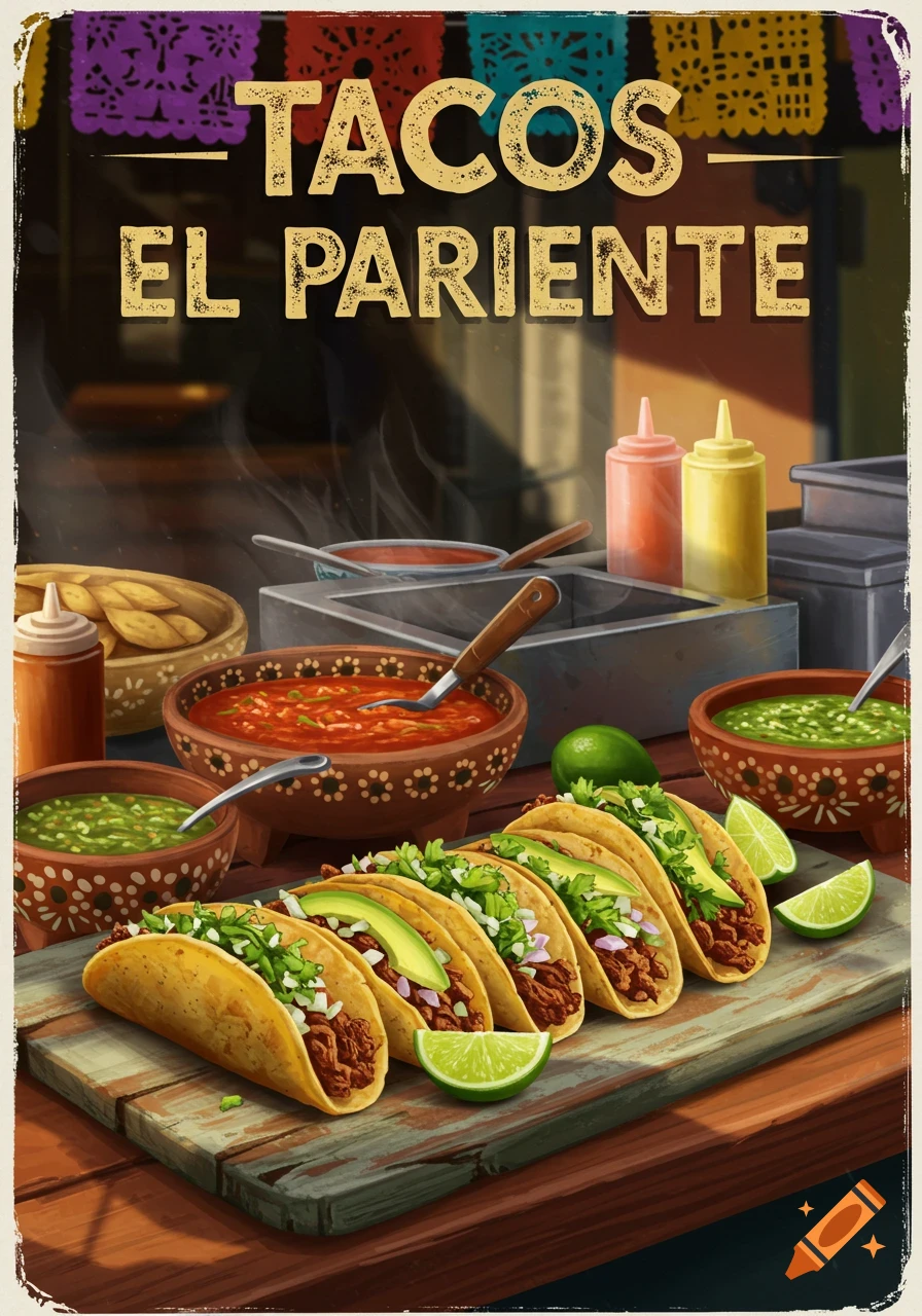 Vibrant illustration of tacos and salsas on a wooden board under a banner reading 'TACOS EL PARIENTE'.