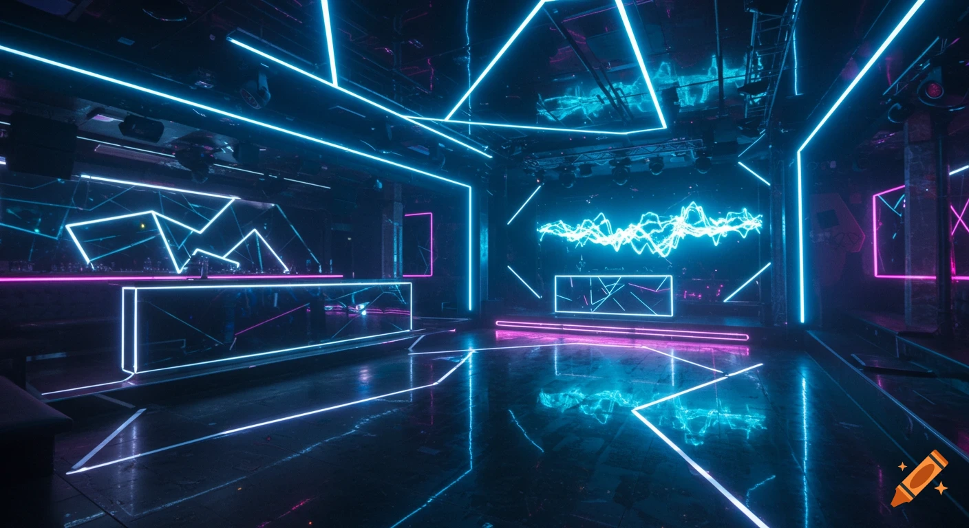 A modern, urban nightclub illuminated with vibrant blue, white, and purple neon lights forming geometric patterns.