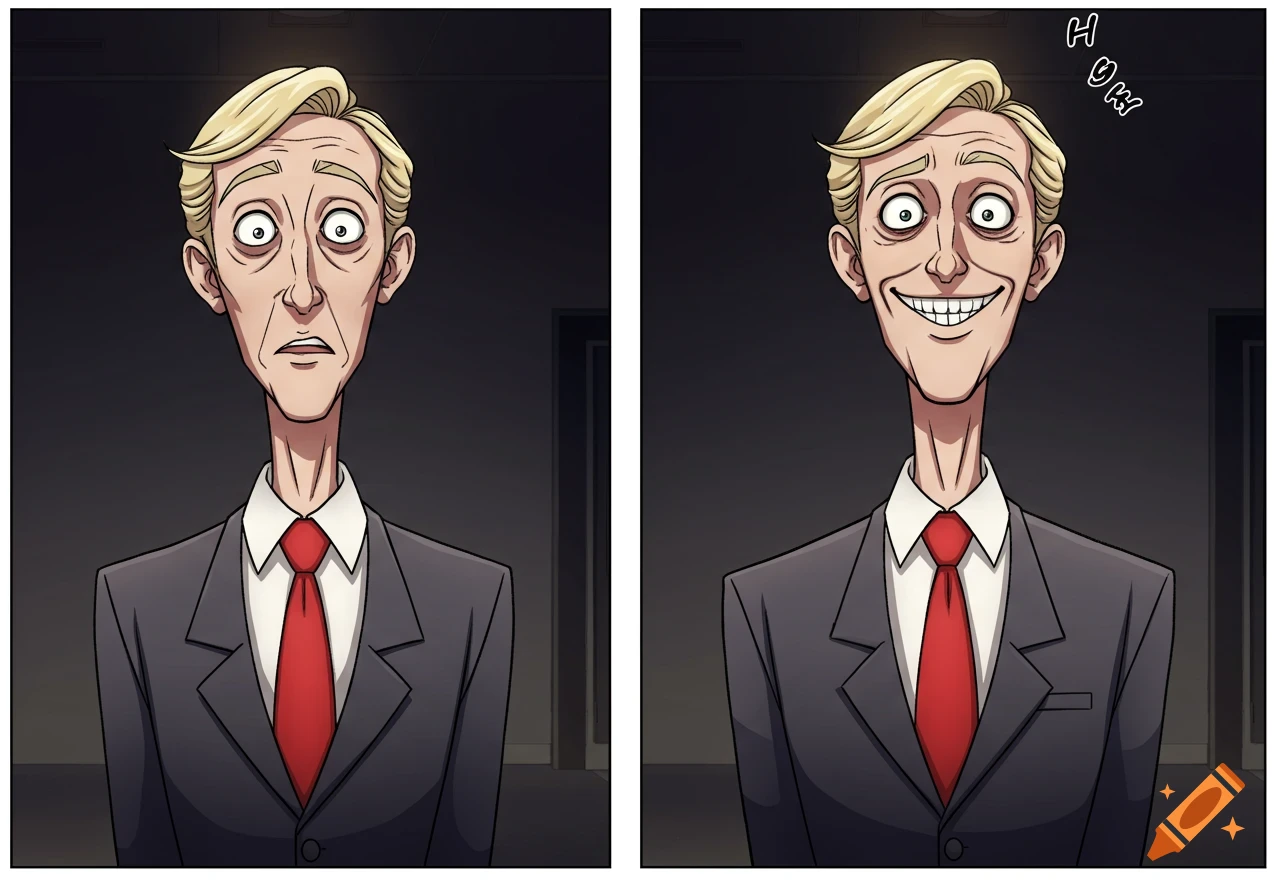 Two side-by-side manga panels of a skinny businessman with blonde hair. The left shows a concerned look, the right a wide, unsettling smile with "H OH" text.