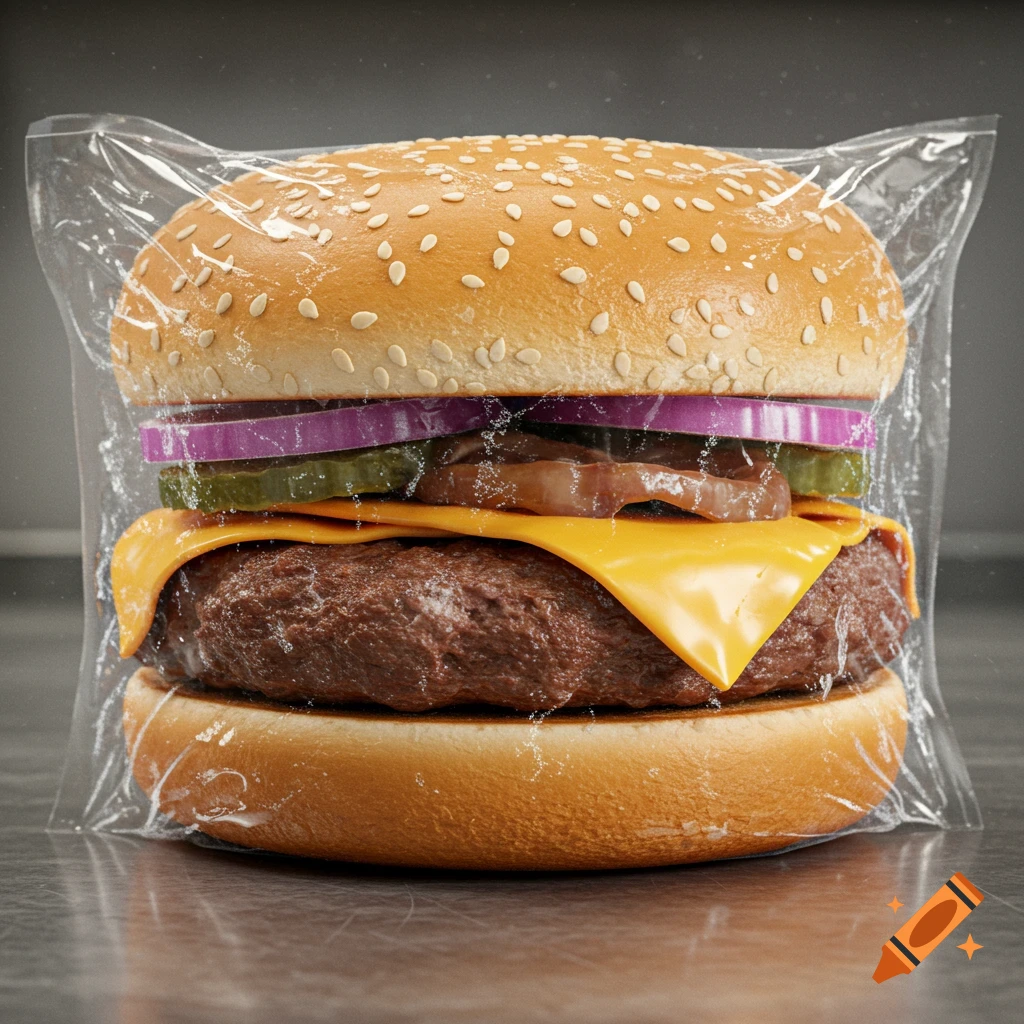 A photorealistic close-up of a frozen pre-packaged cheeseburger with cheese, patty, pickles, and red onions inside clear plastic.