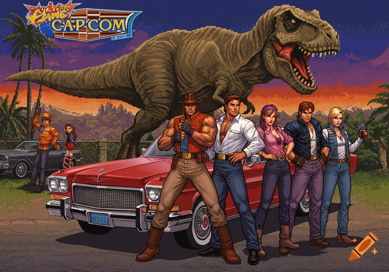 A group of six characters from Cadillacs and Dinosaurs stand in front of a red car, with a large pixel art tyrannosaurus rex looming in the background under an orange and purple sky.