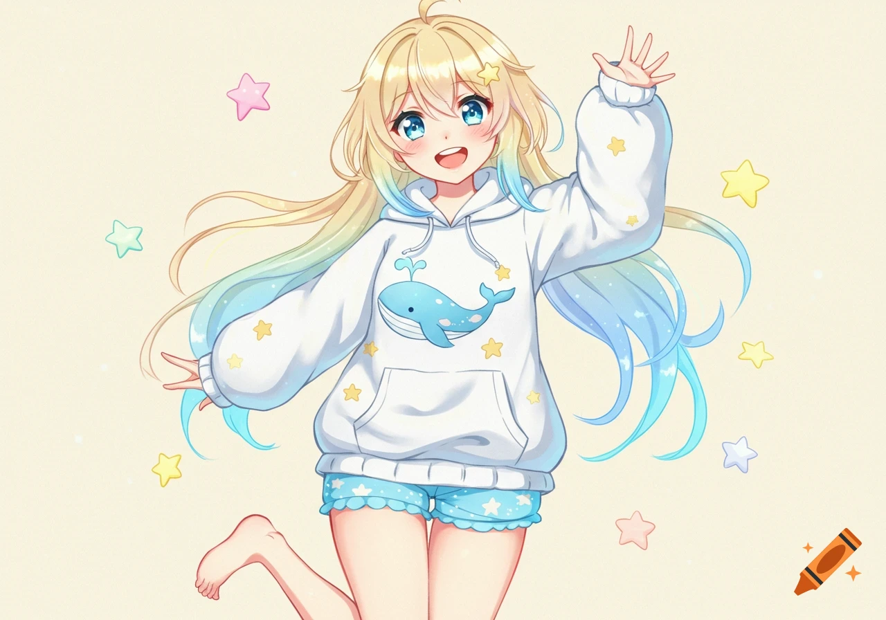 Cute anime girl with blonde and blue hair, wearing a white whale hoodie and blue starry shorts, surrounded by colorful stars.