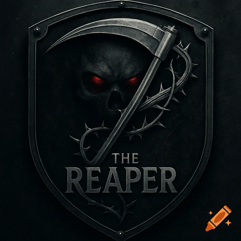 Dark, gritty shield emblem with a skull, glowing red eyes, scythe, thorny vines, and the text 'THE REAPER'.