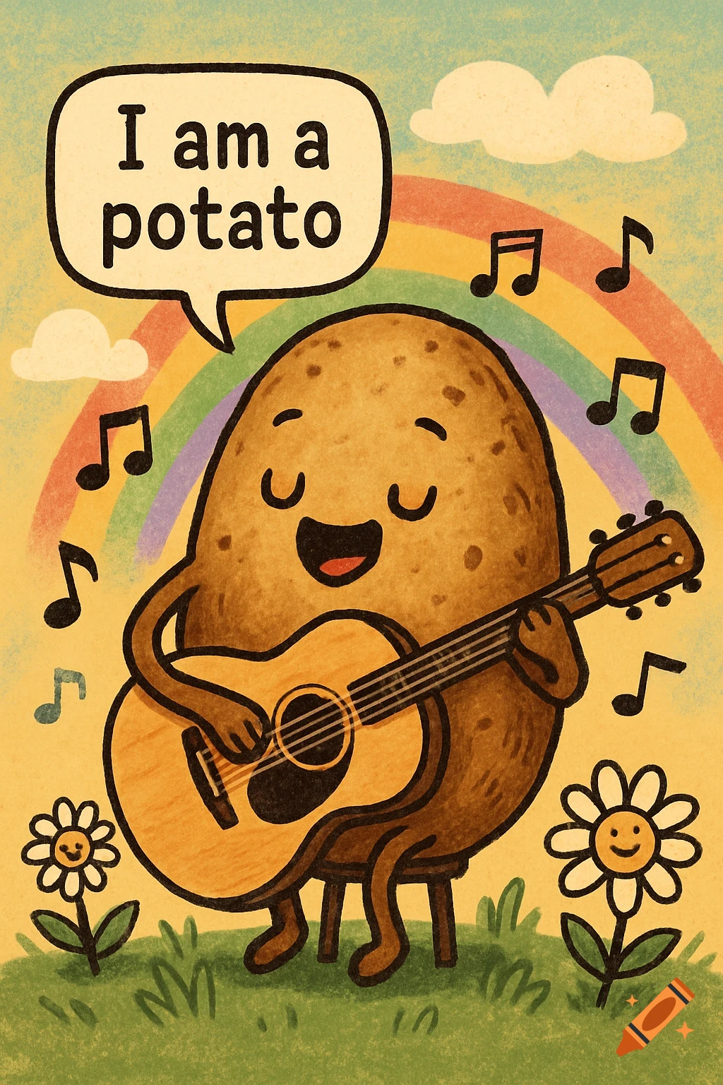 A happy cartoon potato plays an acoustic guitar under a rainbow, with a speech bubble saying 'I am a potato'. Illustrated style.