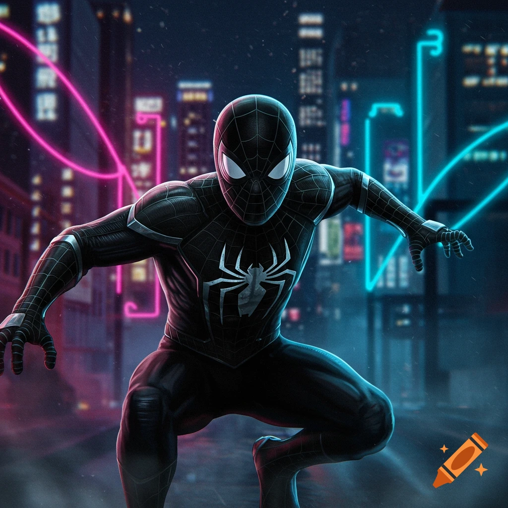 Black-suited Spiderman crouches in a neon-lit city at night, with glowing pink and blue lights.