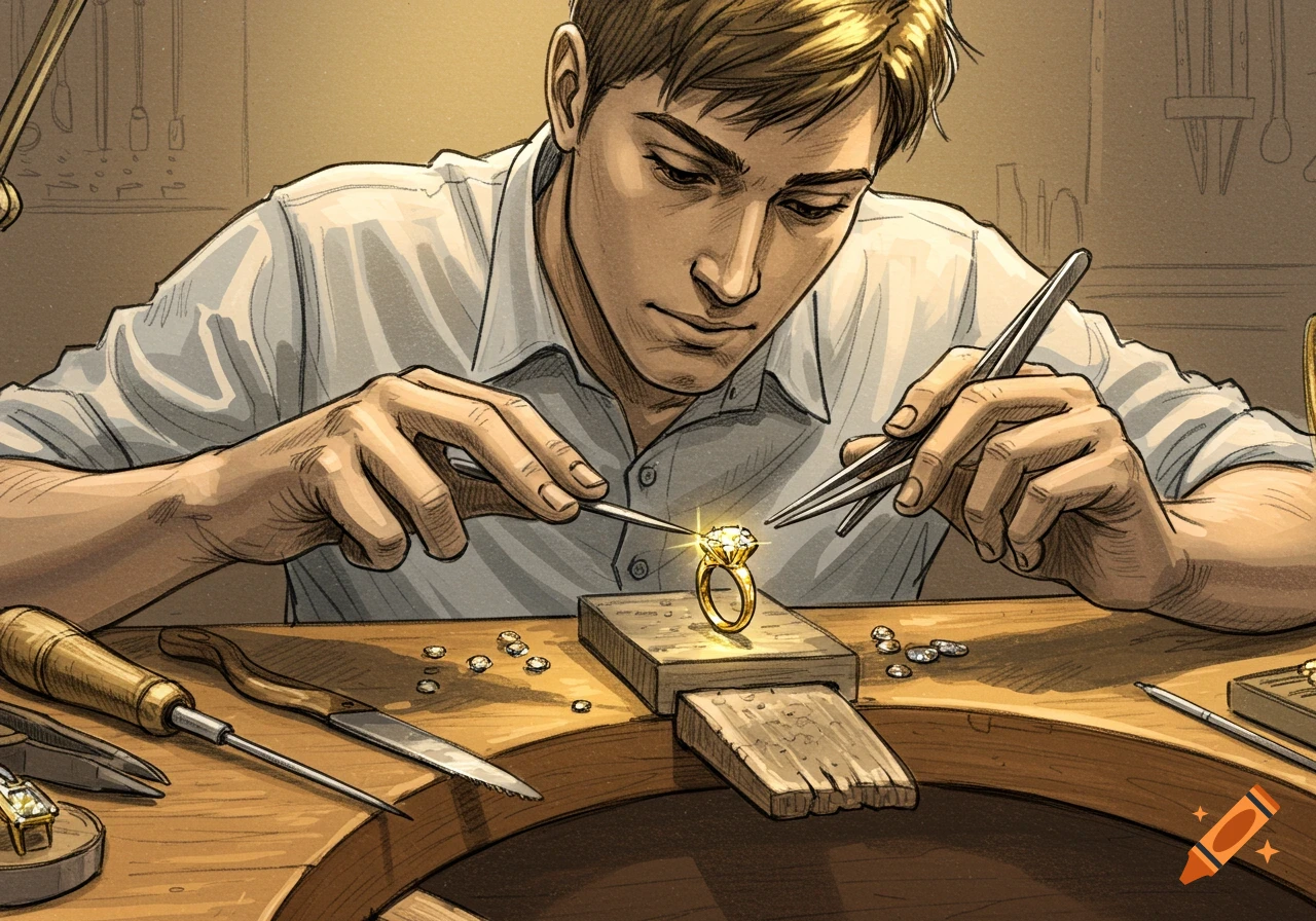 A young jeweler works on a diamond ring at a wooden workbench, illustrated in a detailed sketch style.