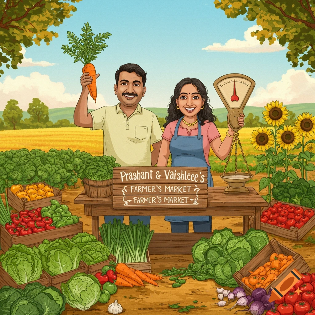Cartoon illustration of a smiling man and woman at a farmer's market stand with fresh vegetables and a sign, surrounded by fields.