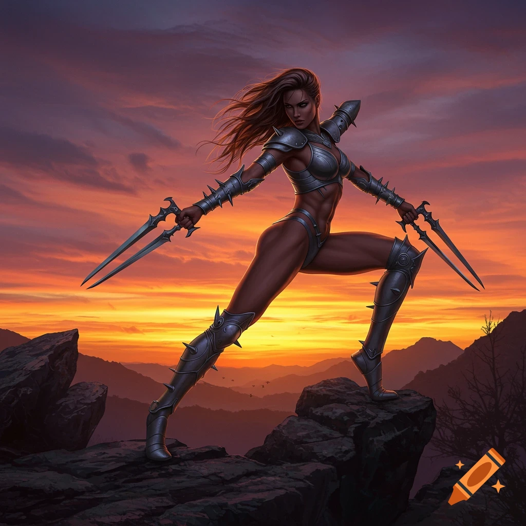 A strong warrior woman in spiked armor holds two daggers, posed dynamically on a rocky outcrop at sunset. Digital art.