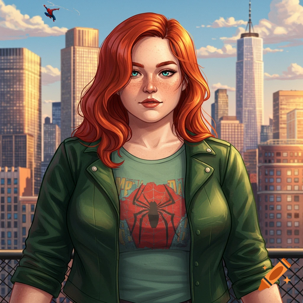 A cartoon-style portrait of a red-haired woman with freckles, wearing a green jacket and a Spider-Man t-shirt, standing on a rooftop with a city skyline at sunset. A small Spider-Man figure swings in the distant sky.
