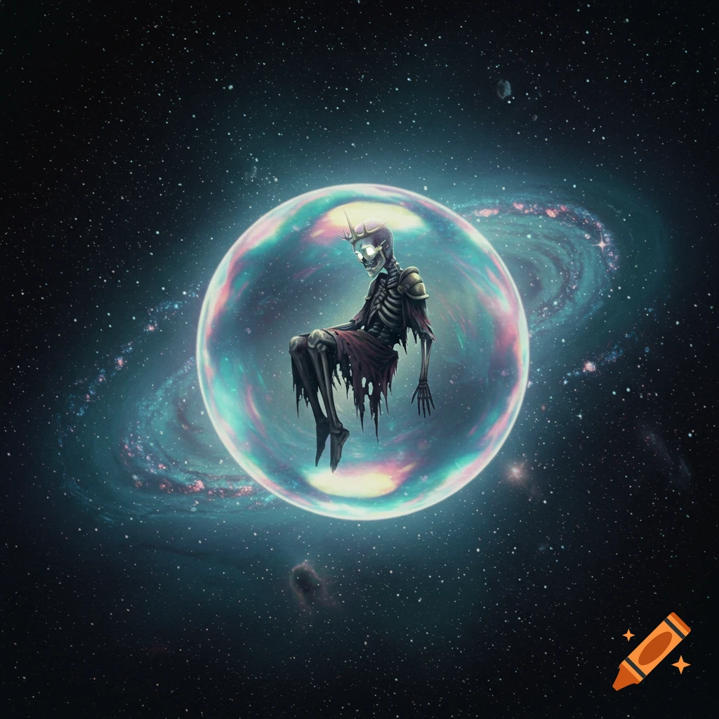 A stylized skeletal figure with a crown floats within an iridescent bubble, set against a dark, star-filled cosmic backdrop with a spiral galaxy.