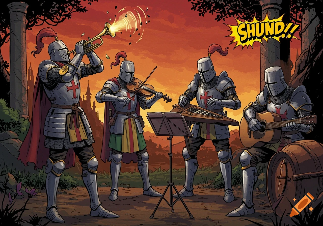 Four knights in full armor play music outdoors at sunset in a comic book style. One plays trumpet, another violin, one a keyboard, and one a guitar.