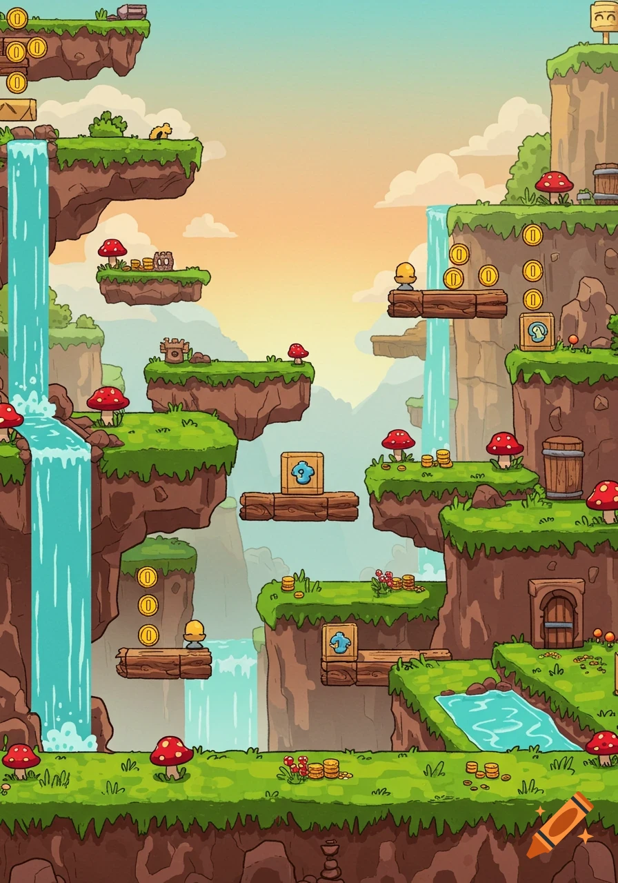 A colorful 2D cartoon platformer level with floating islands, waterfalls, coins, mushrooms, and item blocks.