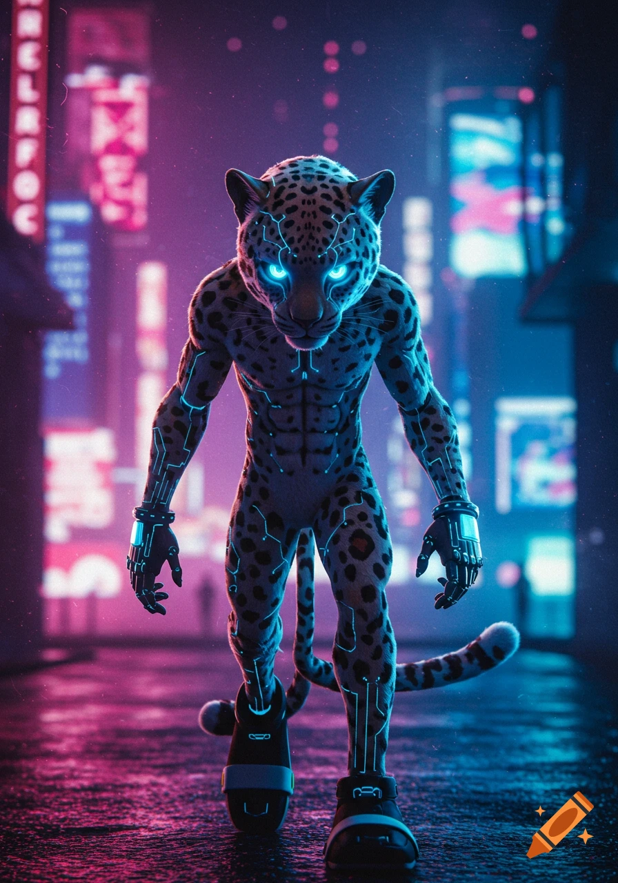 A cyberpunk anthropomorphic leopard with glowing blue eyes and cybernetic body details stands on a neon-lit futuristic city street.