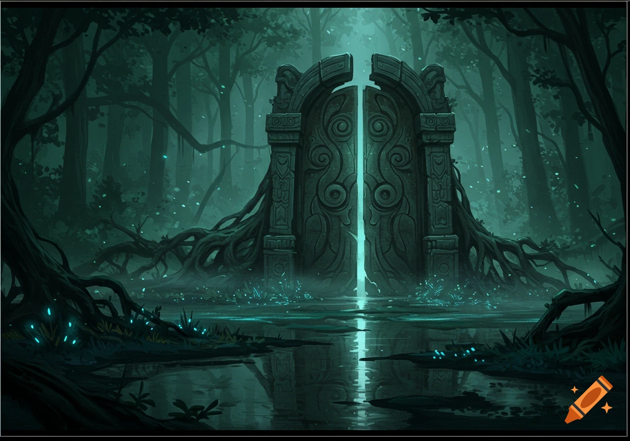 A mystical ancient stone gate glowing with blue light stands in a dark, overgrown forest with reflective water in the foreground.