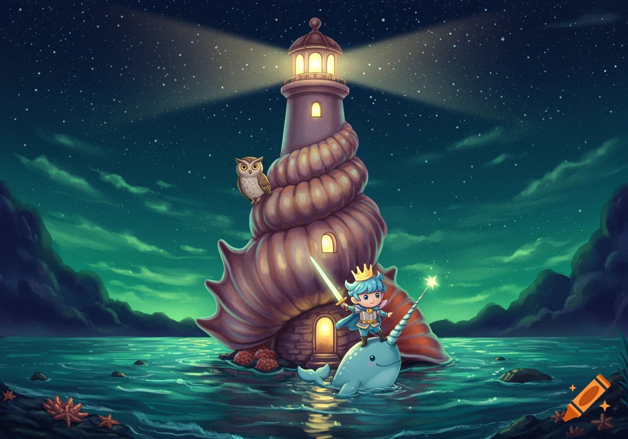 A cute prince with a sword stands on a narwhal in a moonlit ocean, with an owl on a seashell lighthouse. Stylized, vibrant art.