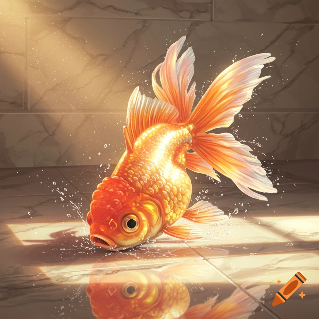 A vibrant orange and white goldfish flops on a wet, tiled floor, with water splashing around it and sunlight streaming from above.