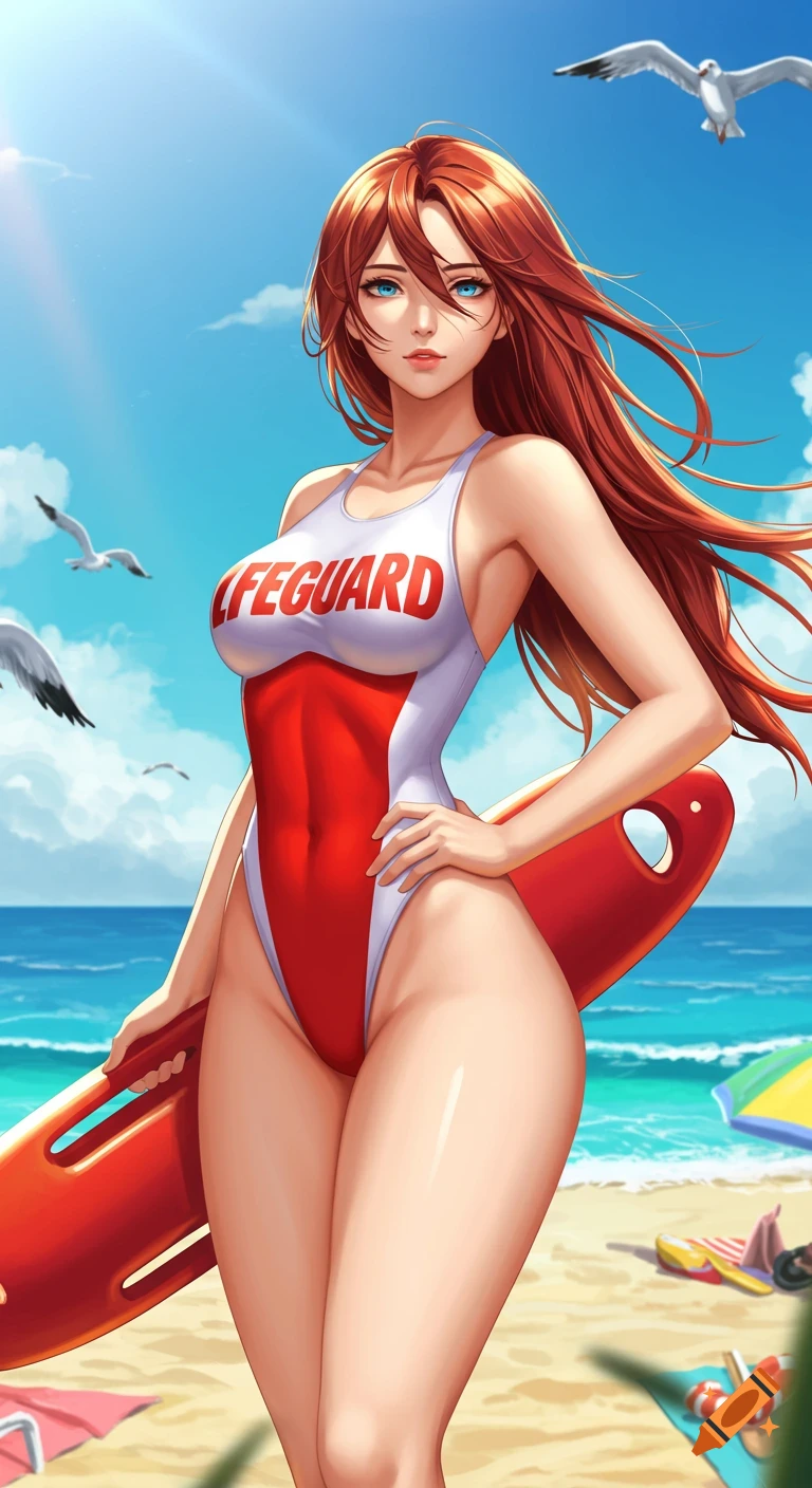 Anime woman in a red and white lifeguard swimsuit on a sunny beach, holding a rescue buoy. Seagulls fly overhead.