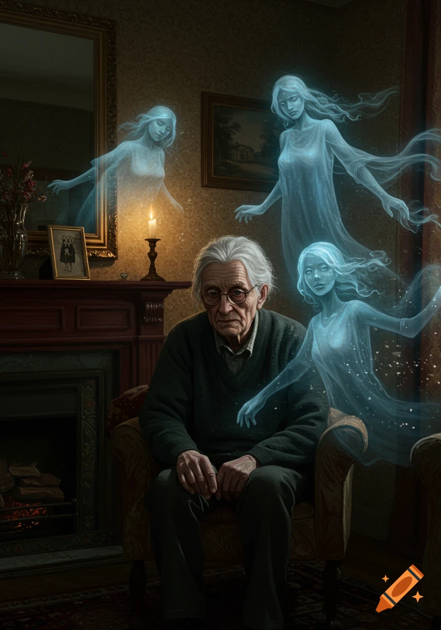 An old man with glasses sits in a dimly lit room, looking sad, as ethereal blue-white female spirits float around him.